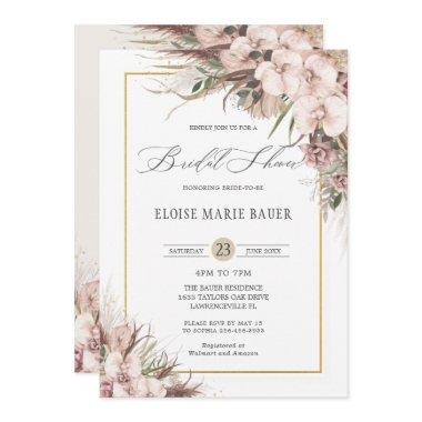 Boho Chic Pampas Grass Orchid Floral Bridal Shower Invitations