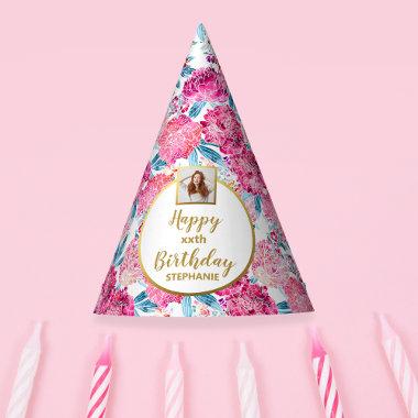 Boho Chic Pink Floral Custom Photo Happy Birthday Party Hat