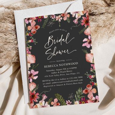Boho Chic Pink Pressed Florals Grey Bridal Shower Invitations
