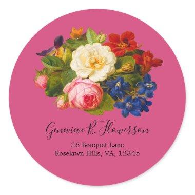 Boho Chic Pink Roses White Blue Butterfly Magenta Classic Round Sticker