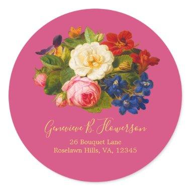 Boho Chic Roses Pink Gold Blue Butterfly Magenta Classic Round Sticker