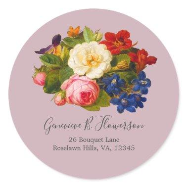 Boho Chic Roses Pink White Blue Butterfly Mauve Classic Round Sticker