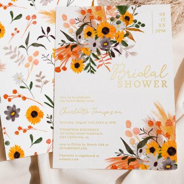 Boho chic rustic orange sunflowers bridal shower foil Invitations