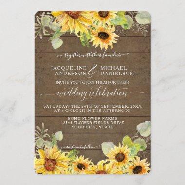 BOHO Chic Sunflower Floral Eucalyptus Leaf Wedding Invitations