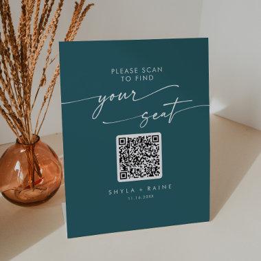 Boho Chic Teal Blue Seating Chart QR Code Pedestal Sign