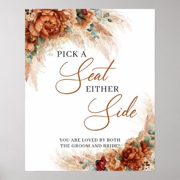 Boho copper floral pampas Pick a Seat Either Side Poster