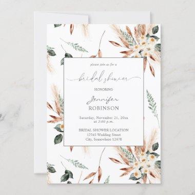 Boho Copper Pampas & Beige Floral Bridal Shower Invitations
