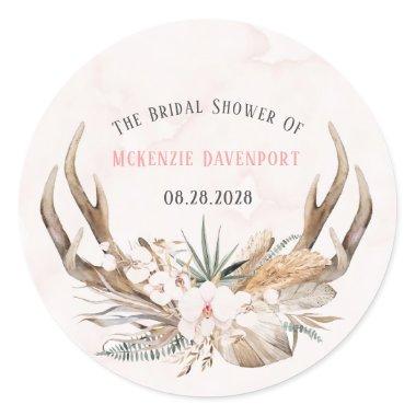 Boho Deer Antlers and Florals Bridal Shower Classic Round Sticker