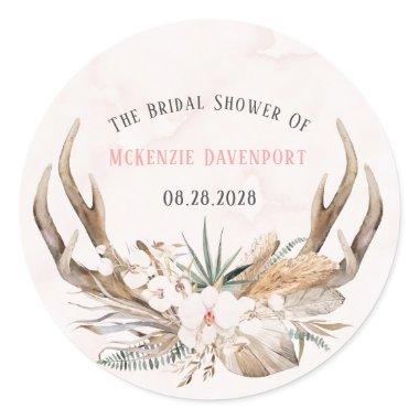 Boho Deer Antlers and Florals Bridal Shower Classic Round Sticker