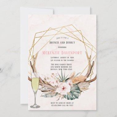 Boho Deer Antlers and Florals Brunch and Bubbly Invitations