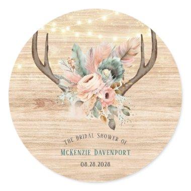 Boho Deer Antlers and Florals Wood Bridal Shower Classic Round Sticker