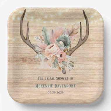 Boho Deer Antlers and Florals Wood Bridal Shower Paper Plates