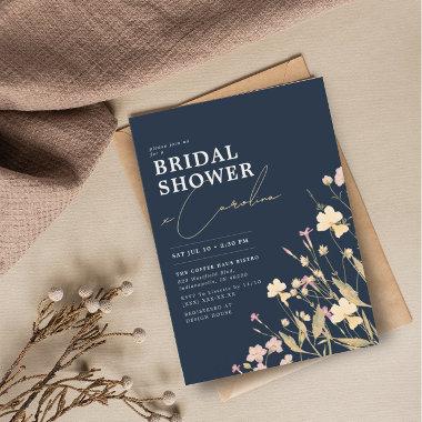 Boho Delicate Wildflowers Navy Bridal Shower Invitations