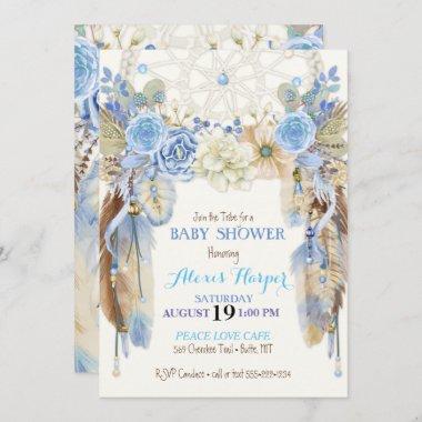 Boho Dream Catcher Feathers Blue Ivory Brown Invitations