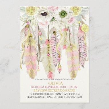 Boho Dream Catcher Feathers Crystals Pink Yellow Invitations
