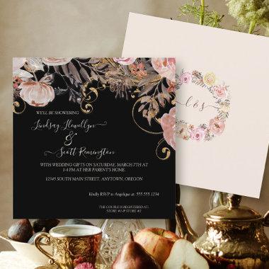 Boho Dried Floral Black Rose Gold Couples Shower Invitations