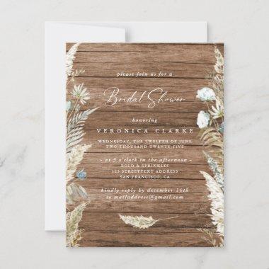 Boho Dried Flowers & Wooden Texture Bridal Shower Invitations
