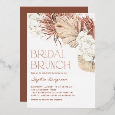 Boho Dried Palm Leaves and Orchids Bridal Brunch Foil Invitations