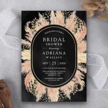 Boho Dried Pampas Grass Oval Black Bridal Shower Invitations