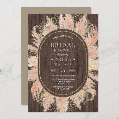 Boho Dried Pampas Grass Oval Wood Bridal Shower Invitations