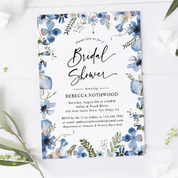 Boho Dusky Blue Florals Botanical Bridal Shower Invitations