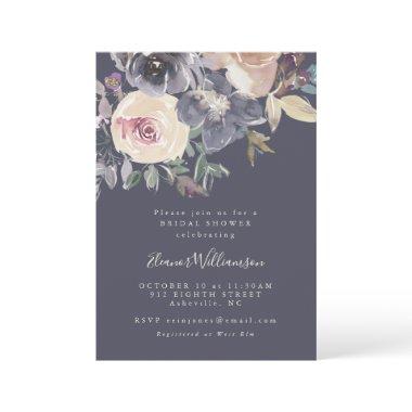 Boho Dusky Dark Purple Floral Script Bridal Shower Invitations