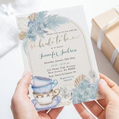 Boho Dusty Blue Floral Bridal Shower Tea Party Invitations