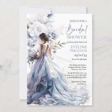 Boho dusty blue floral eucalyptus bridal dress Invitations