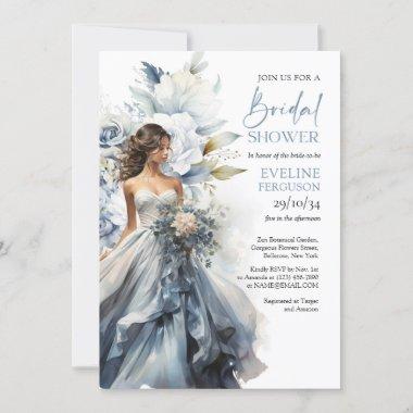Boho dusty blue floral eucalyptus wedding gown Invitations