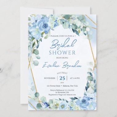 Boho Dusty Blue Floral Faux Gold Geometric Bridal Invitations