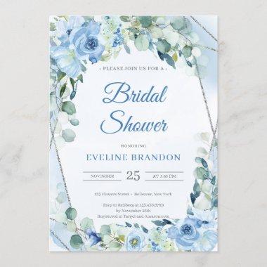Boho Dusty Blue Floral Silver Geometric Bridal Invitations