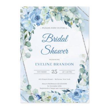 Boho Dusty Blue Floral Silver Geometric Bridal Invitations