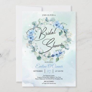 Boho dusty blue flowers eucalyptus wreath Invitations