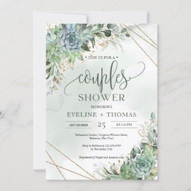 Boho dusty blue green succulents couples shower Invitations