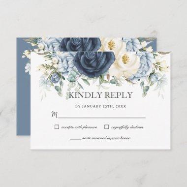 Boho Dusty Blue Navy Ivory Floral Sage Wedding RSVP Card