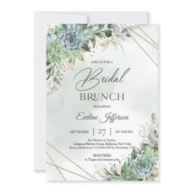 Boho dusty green succulents gold Bridal brunch Invitations