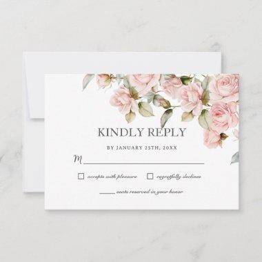 Boho Dusty Pale Pink Roses Floral Greenery Wedding RSVP Card
