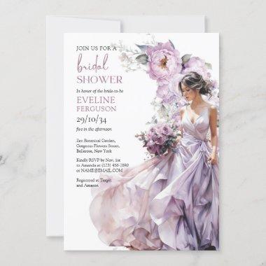 Boho dusty purple floral greenery wedding dress Invitations