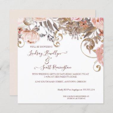 Boho Earthy Floral Pink Rose Gold Couples Shower Invitations