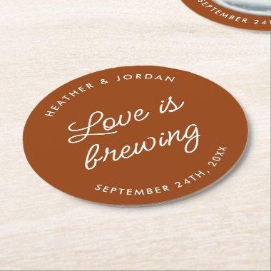 Boho Earthy Love Is Brewing Rust Wedding Reception Round Paper Coaster