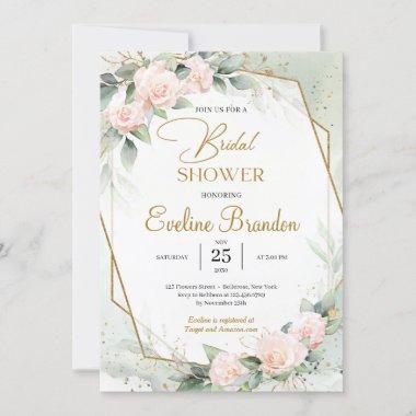 Boho Elegant Blush Floral Eucalyptus Gold Frame Invitations