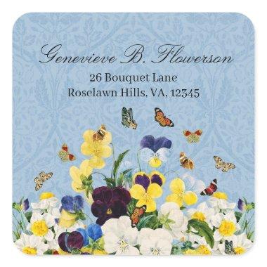 Boho Elegant Spring Pansies Daffodils Butterflies Square Sticker
