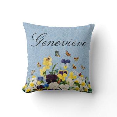 Boho Elegant Spring Pansies Daffodils Butterflies Throw Pillow