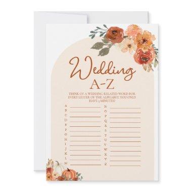 Boho Fall Pumpkin Wedding A-Z Bridal Shower Game Invitations