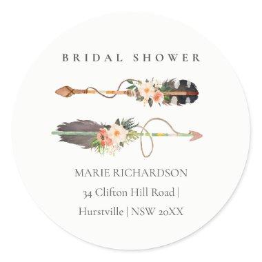 Boho Feather Floral Arrow Bridal Shower Address Classic Round Sticker