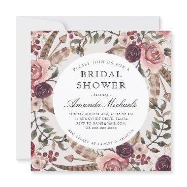 Boho Feathers Burgundy Beige Floral
