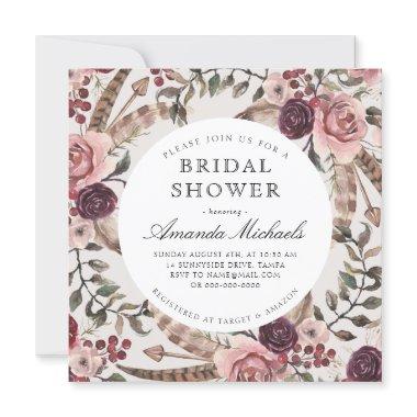 Boho Feathers Burgundy Beige Floral Bridal Shower Invitations