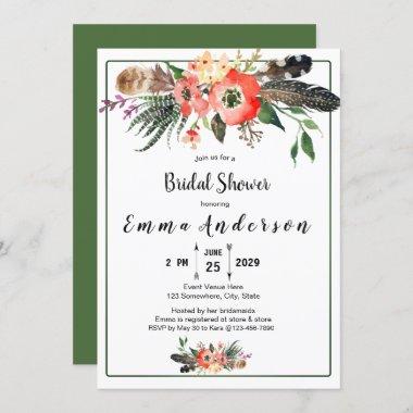 Boho Feathers Flowers Succulent Bridal Shower Invitations