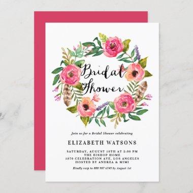 Boho Feathers Pink Floral Wreath Bridal Shower Invitations