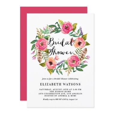 Boho Feathers Pink Floral Wreath Bridal Shower Invitations